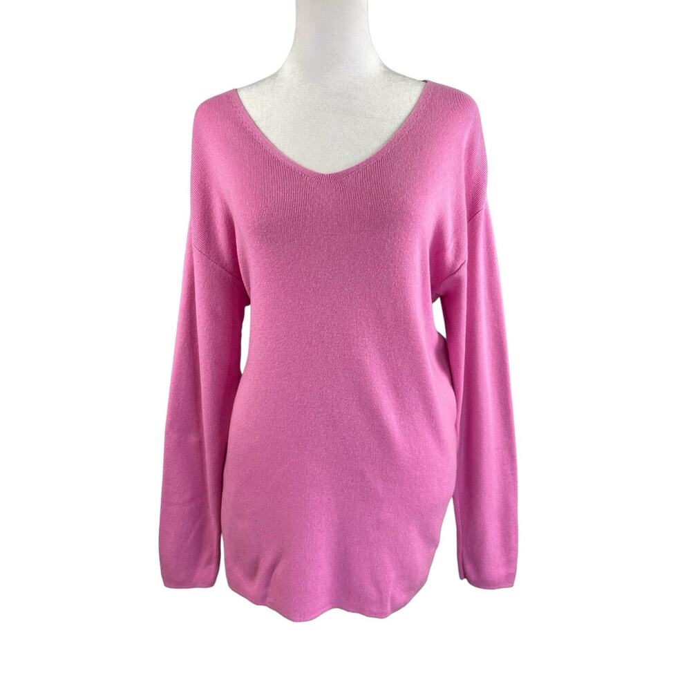 Talbots Medium V-Neck Pullover Sweater Pink Tunic Length Long Sleeve Rayon Blend
